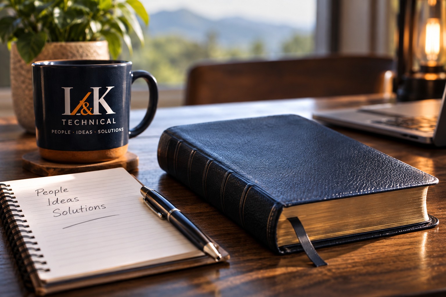 A Bible, notebook with 'People, Ideas, Solutions' written on it, and an L&K Technical mug on a wooden desk